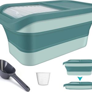 Pet Food Storage Containers, Collapsible Dog Food Container with Sliding Lid,13lb Cat Food Storage with Measuring Cup & Scoop, Plastic Dog Food Bin（green）