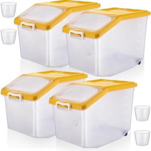 4 Pcs Rice Storage Container 27.6 lb Airtight Flour Container with Wheels and Lids Measuring Cup Clear Pet Food Dog Birds Cat Food Bin Grain Cereal Organizer Box(Yellow)