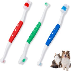 Dog Toothbrushes Set of 3, Dual Head Tooth Brush with Soft bristles, Non Slip Grip, Suitable for Large/Medium Dogs and Cats, Big Pets Toothbrush Clean Teeth & Dental Care (3 Color)