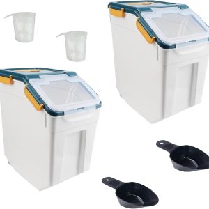 15LB Airtight Flour Rice Grain Cereal Storage Container With Spoon & Measuring Cup & Handle, 2 Pack (Holds 30LBS) Pet Dog Cat Dry Food Bin, Easy to Move & Keep Food Fresh & Lid Easy to Open