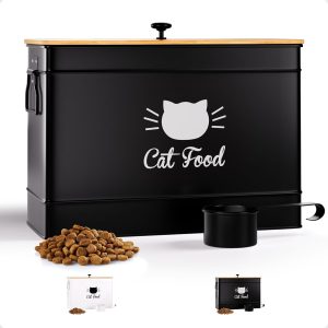Cat Food Storage Container with Scoop - 15 lb (50 Cup) Capacity Metal Cat Food Container with Airtight Bamboo Lid & Metal Scoop - Airtight Pet Food Storage Containers - 15 lb Treats & Kibble Container