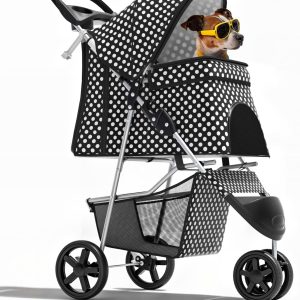 3-Wheel Pet Stroller, Foldable Travel Jogger for Small & Medium Dogs & Cats (Up to 33lbs), Lightweight Carrier with Breathable Mesh Cover, Cup Holder & Storage Basket, Black Polka