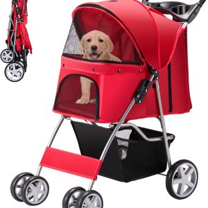 Pet Stroller, 4 Wheels Pet Strolling Cart for Medium/Small Dogs and Cats, Foldable Cat Jogger/Dog Stroller with Cup Holder, Storage Basket, Breathable Mesh, All-Season Pet Carrier, Red