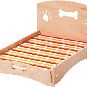 Wooden Dog Bed Bone and Footprint Design with Removable Stripe Cushion, Small Pet Bed for Indoor/Outdoor Use 22" L x 16" W x 12" H