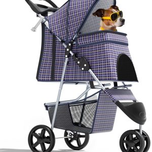 3-Wheel Pet Stroller, Foldable Travel Jogger for Small & Medium Dogs & Cats (Up to 33lbs), Lightweight Carrier with Breathable Mesh Cover, Cup Holder & Storage Basket, Plaid