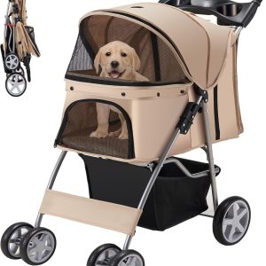 Pet Stroller, 4 Wheels Pet Strolling Cart for Medium/Small Dogs and Cats, Foldable Cat Jogger/Dog Stroller with Cup Holder, Storage Basket, Breathable Mesh, All-Season Pet Carrier, Khaki